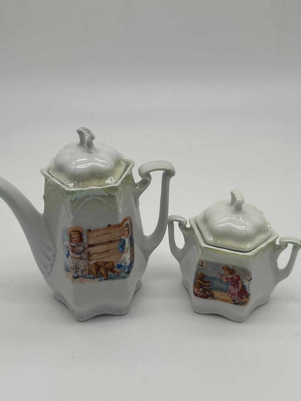 Vintage German Porcelain Tea Set Teapot Sugar Bowl Victorian Children Scene Bear